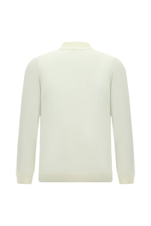 Kırık Beyaz Polo Yaka Düğmeli Nakışlı Regular Fit Yün Triko Kazak