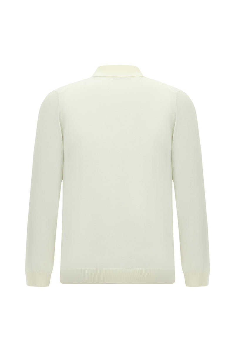 Kırık Beyaz Polo Yaka Düğmeli Nakışlı Regular Fit Yün Triko Kazak