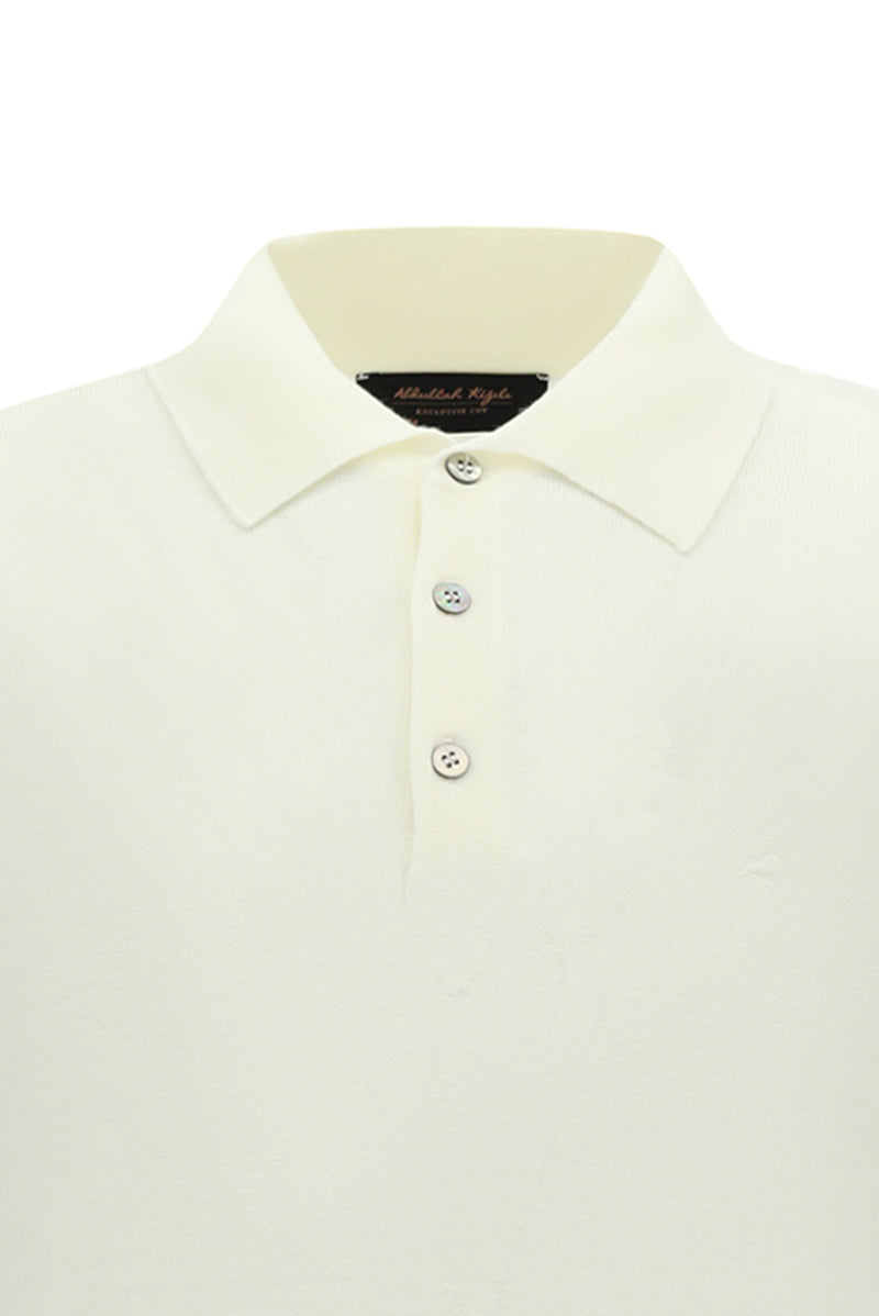 Kırık Beyaz Polo Yaka Düğmeli Nakışlı Regular Fit Yün Triko Kazak