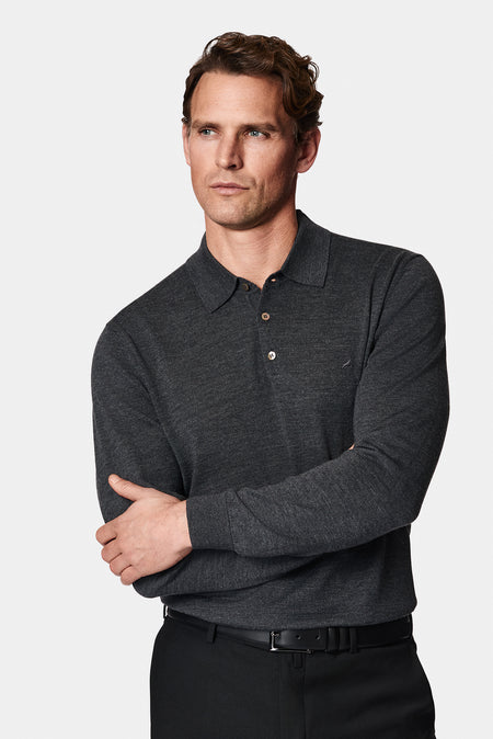 Koyu Antrasit Melanj Polo Yaka Regular Fit Düğmeli Nakışlı Yün Triko Kazak