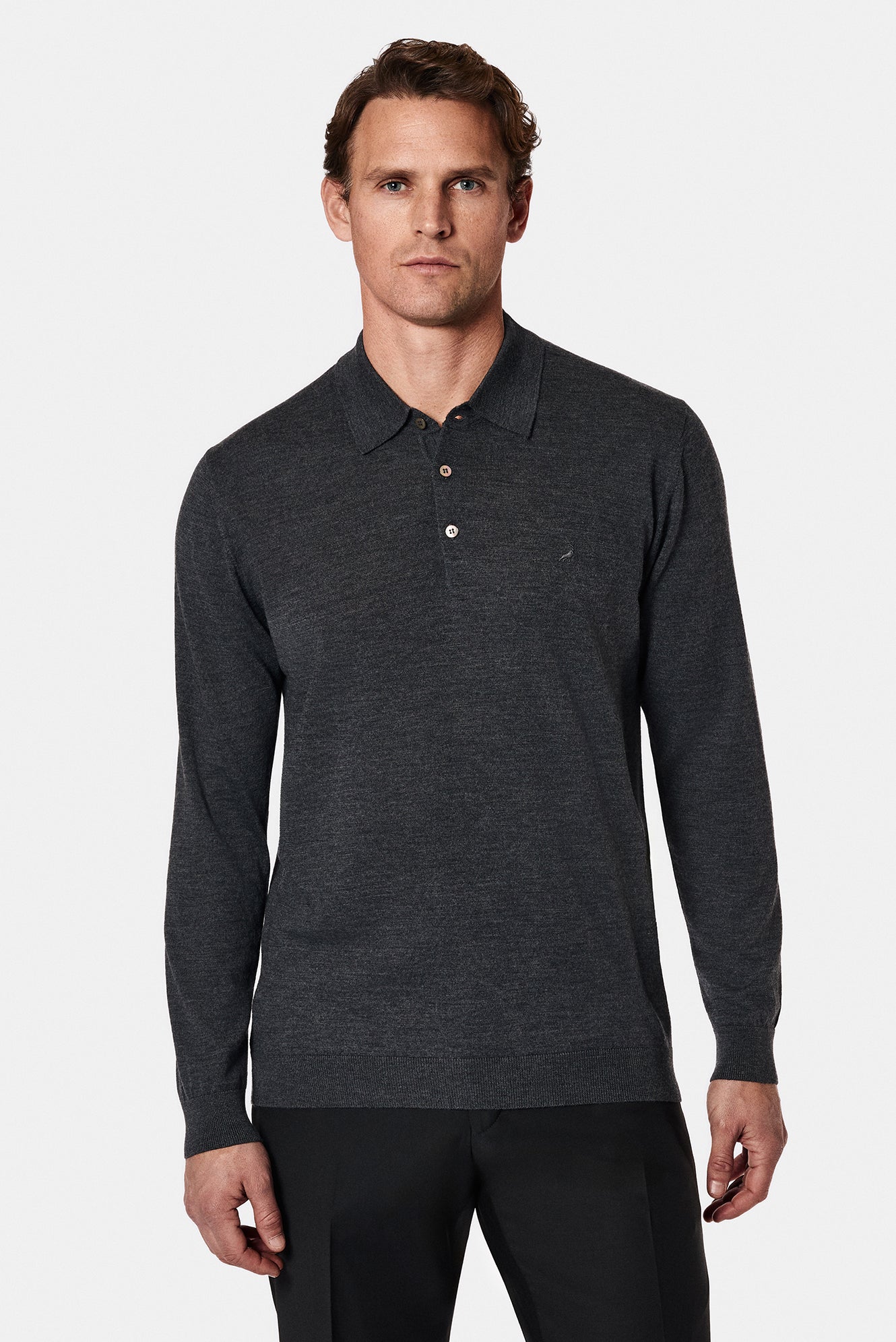 Koyu Antrasit Melanj Polo Yaka Regular Fit Düğmeli Nakışlı Yün Triko Kazak