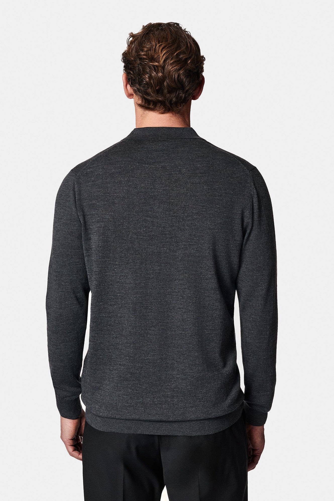 Koyu Antrasit Melanj Polo Yaka Regular Fit Düğmeli Nakışlı Yün Triko Kazak