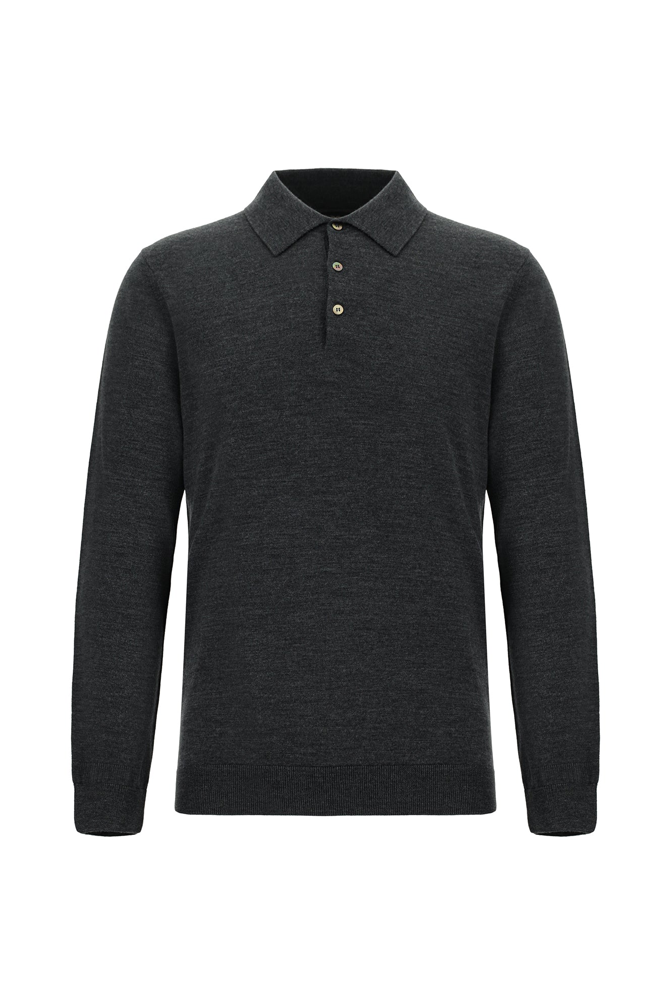 Koyu Antrasit Melanj Polo Yaka Regular Fit Düğmeli Nakışlı Yün Triko Kazak