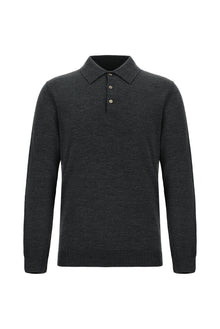 Koyu Antrasit Melanj Polo Yaka Regular Fit Düğmeli Nakışlı Yün Triko Kazak