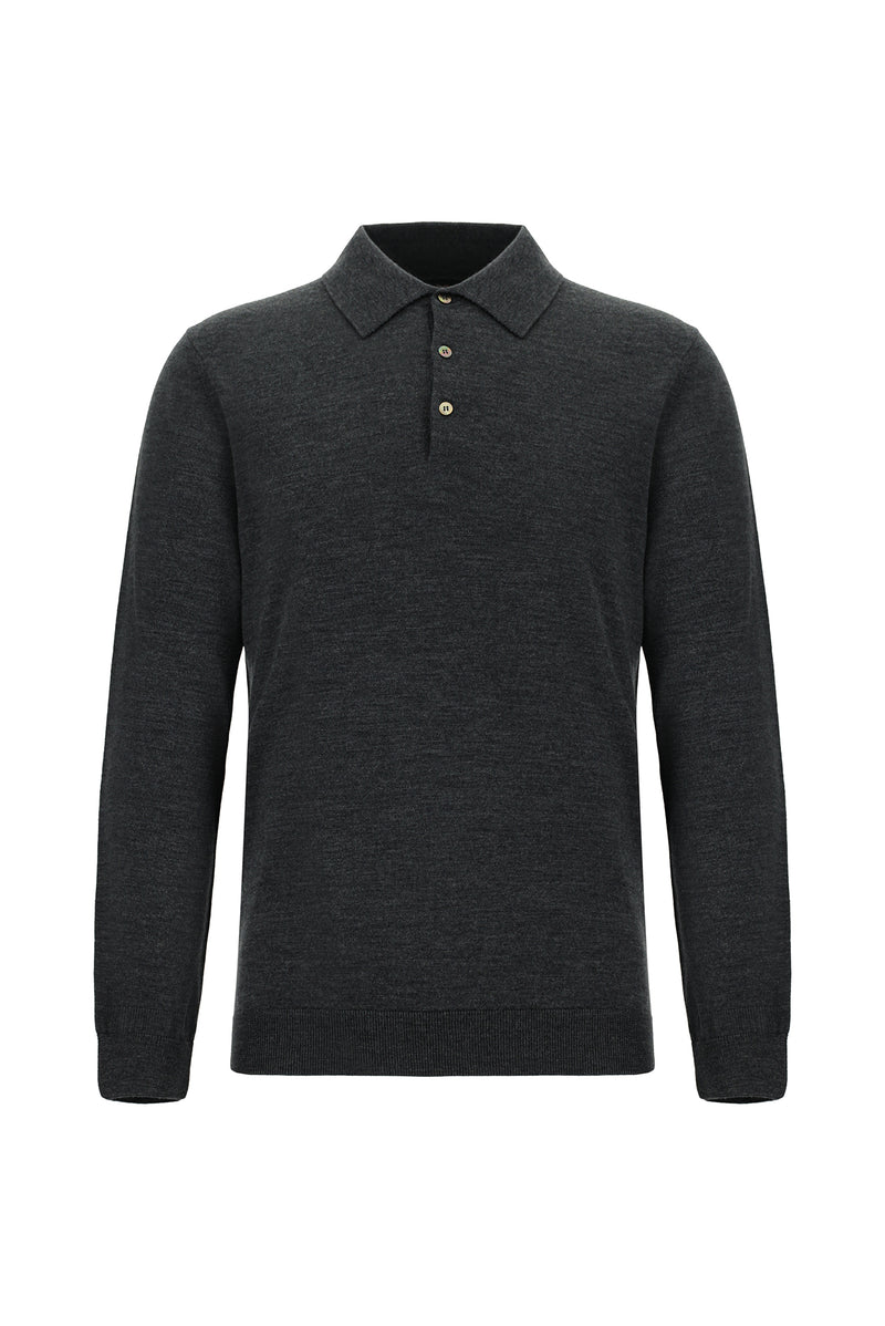 Koyu Antrasit Melanj Polo Yaka Regular Fit Düğmeli Nakışlı Yün Triko Kazak