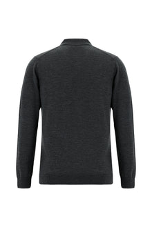 Koyu Antrasit Melanj Polo Yaka Regular Fit Düğmeli Nakışlı Yün Triko Kazak