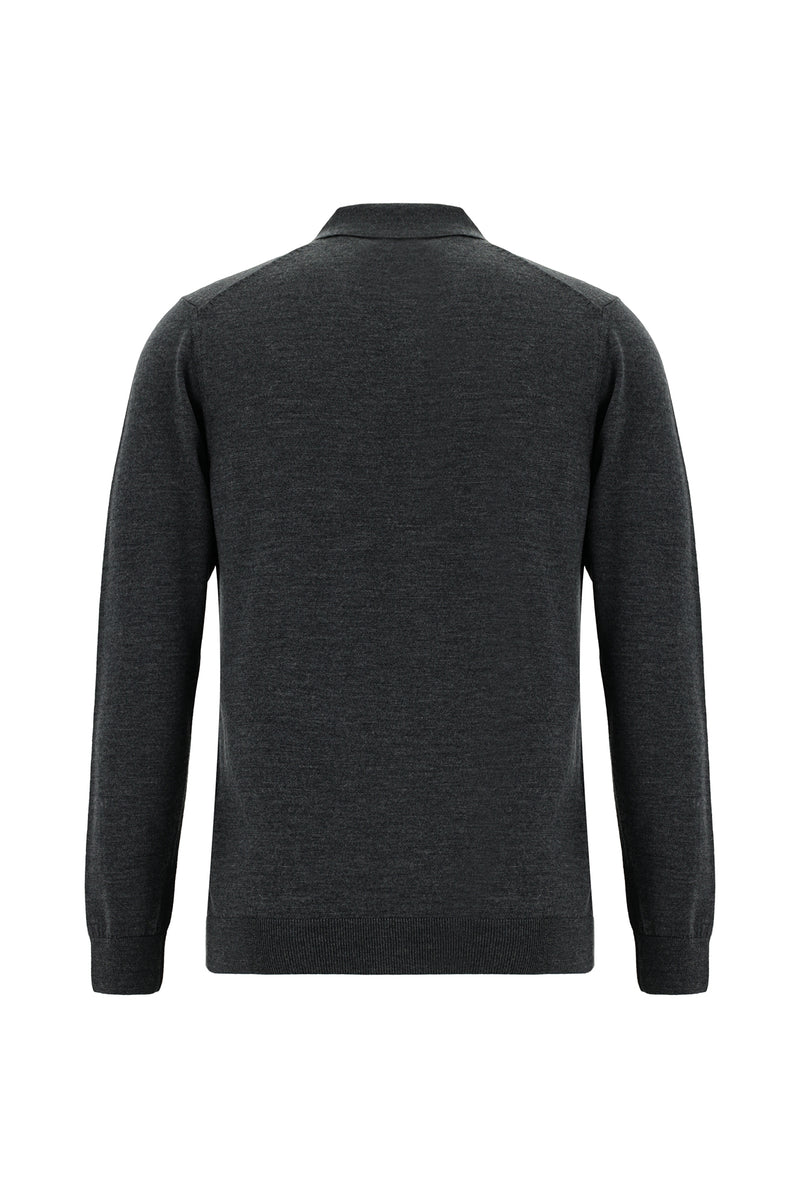 Koyu Antrasit Melanj Polo Yaka Regular Fit Düğmeli Nakışlı Yün Triko Kazak