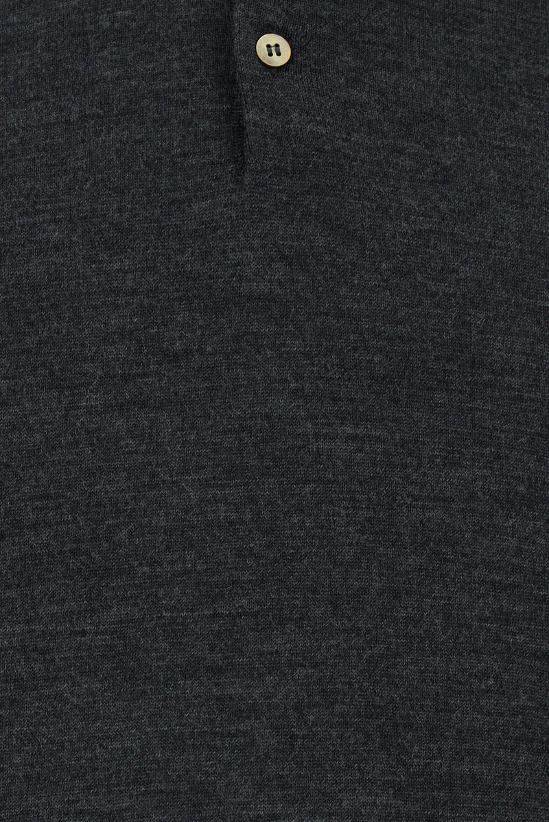 Koyu Antrasit Melanj Polo Yaka Regular Fit Düğmeli Nakışlı Yün Triko Kazak