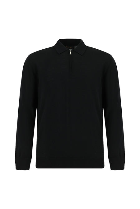 Siyah Polo Yaka Regular Fit Fermuarlı Pamuklu Kaşmirli Triko Kazak