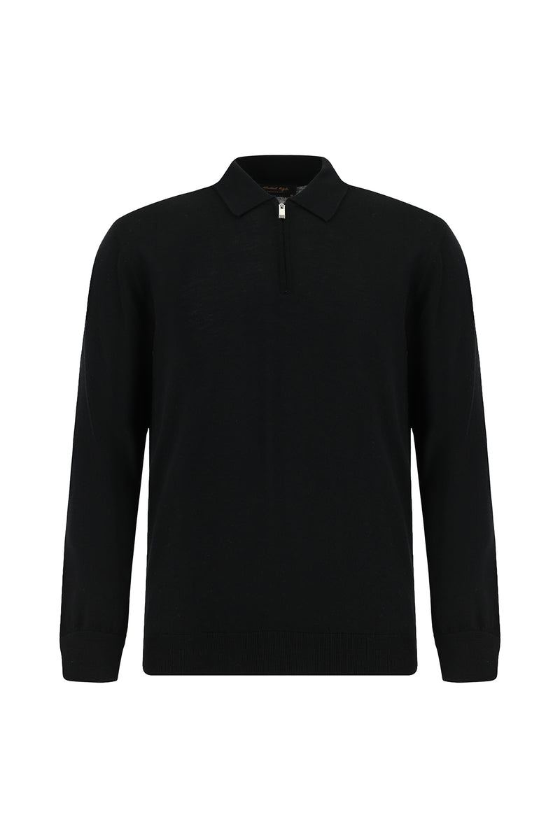 Siyah Polo Yaka Regular Fit Fermuarlı Pamuklu Kaşmirli Triko Kazak