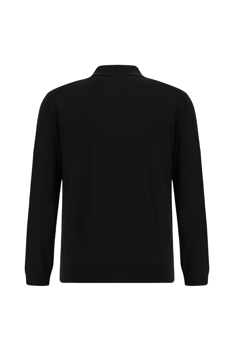 Siyah Polo Yaka Regular Fit Fermuarlı Pamuklu Kaşmirli Triko Kazak