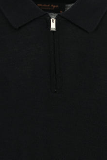 Siyah Polo Yaka Regular Fit Fermuarlı Pamuklu Kaşmirli Triko Kazak