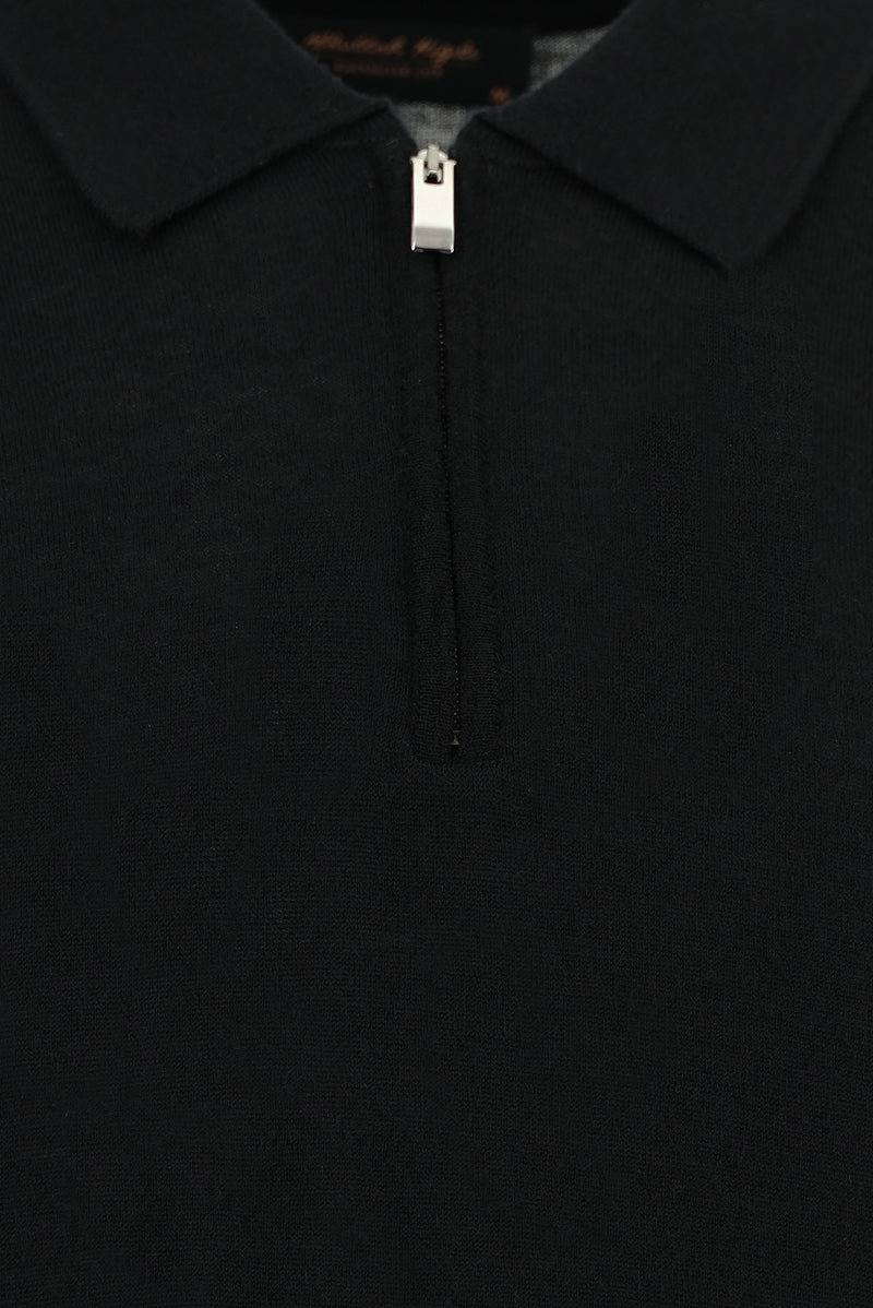 Siyah Polo Yaka Regular Fit Fermuarlı Pamuklu Kaşmirli Triko Kazak