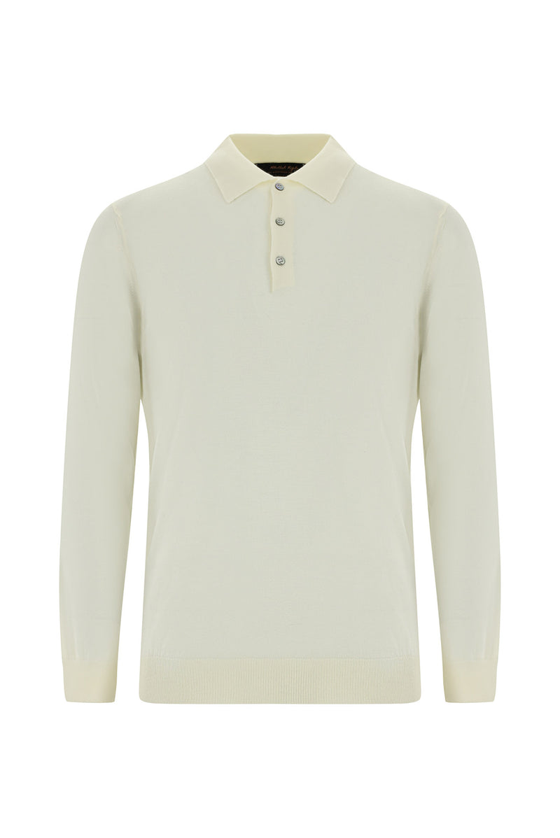 Ekru Polo Yaka Regular Fit Yünlü Kaşmirli Triko Kazak