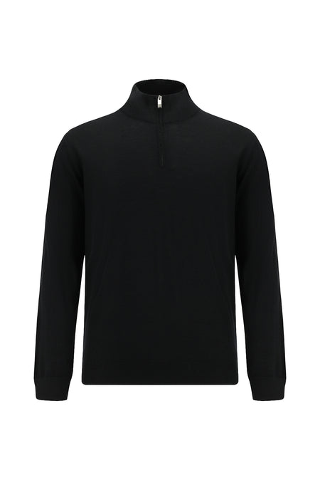 Siyah Yarım Balıkçı Yaka Regular Fit Fermuarlı Pamuklu Kaşmirli Triko Kazak