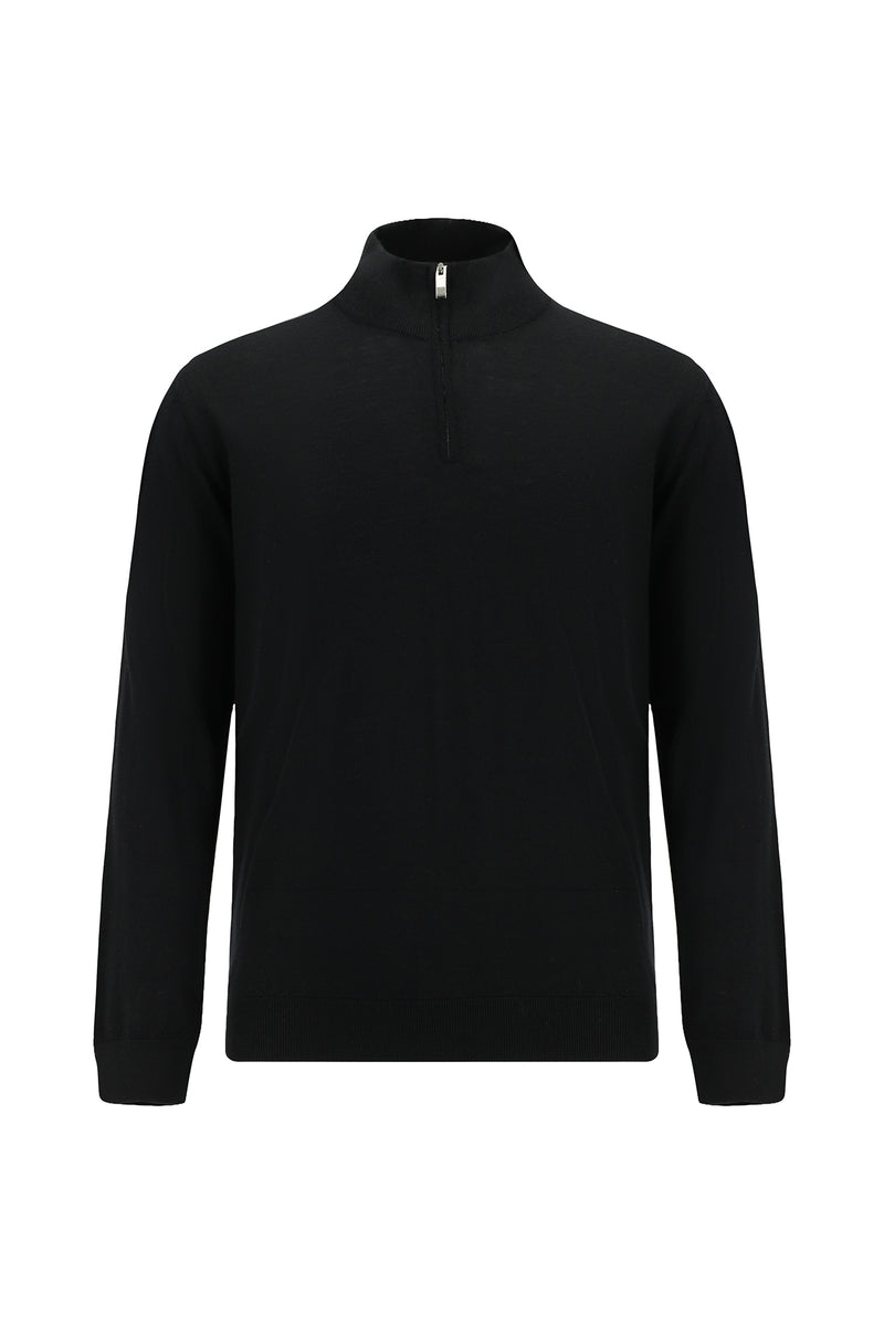 Siyah Yarım Balıkçı Yaka Regular Fit Fermuarlı Pamuklu Kaşmirli Triko Kazak