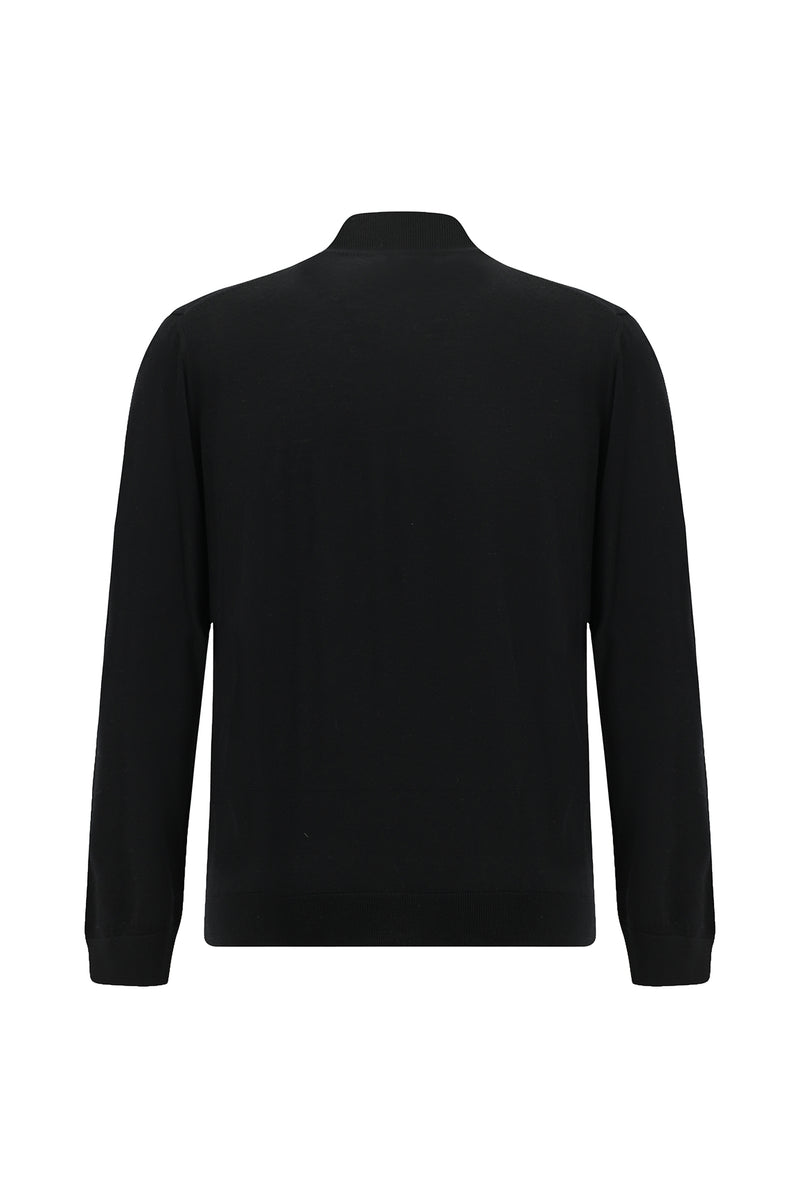 Siyah Yarım Balıkçı Yaka Regular Fit Fermuarlı Pamuklu Kaşmirli Triko Kazak