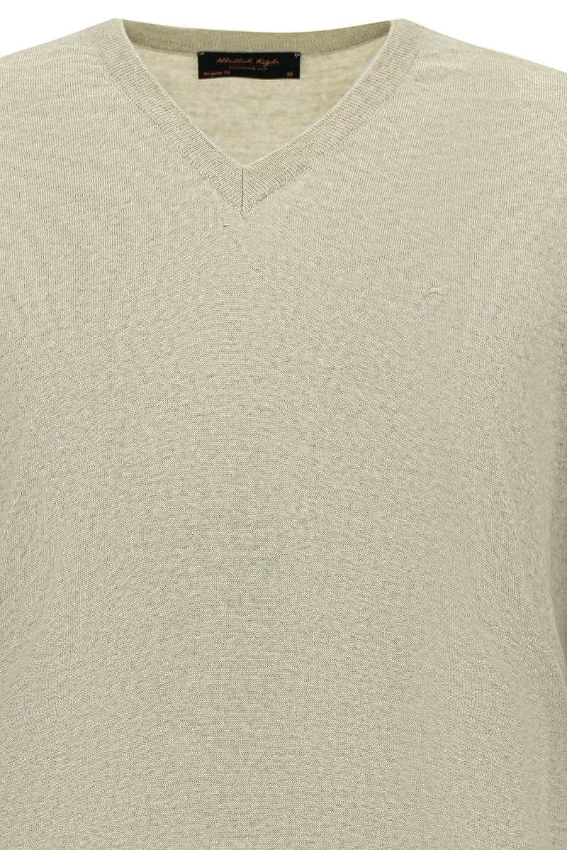 Açık Bej V Yaka Regular Fit Nakışlı Yün Triko Kazak