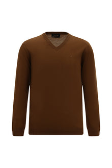 Camel V Yaka Regular Fit Nakışlı Yün Triko Kazak