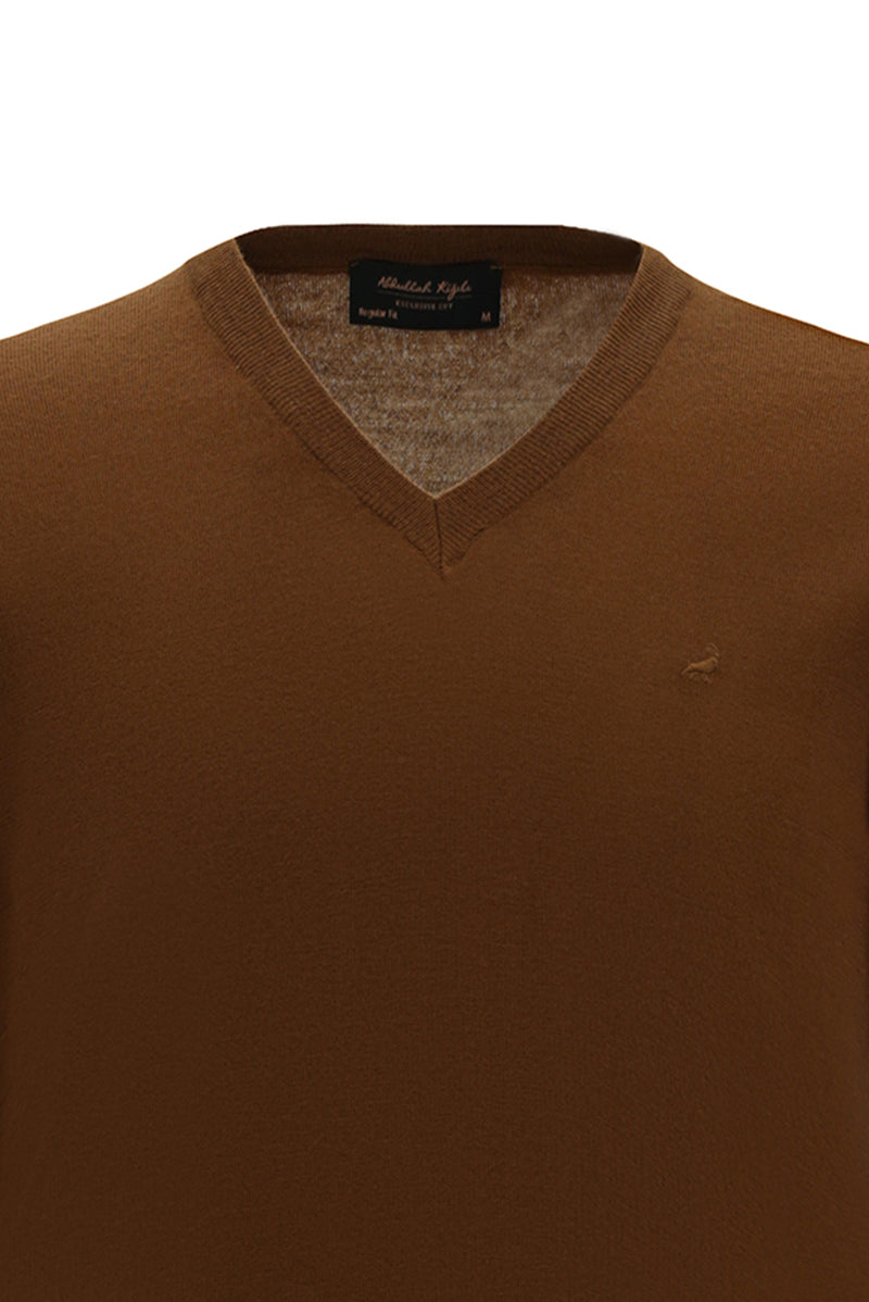 Camel V Yaka Regular Fit Nakışlı Yün Triko Kazak