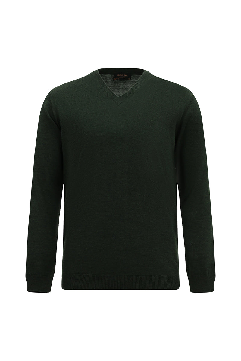 Orta Haki V Yaka Regular Fit Nakışlı Yün Triko Kazak