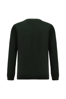 Orta Haki V Yaka Regular Fit Nakışlı Yün Triko Kazak