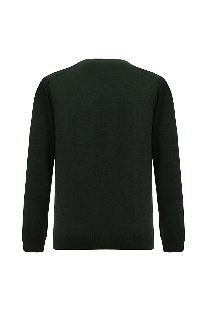 Orta Haki V Yaka Regular Fit Nakışlı Yün Triko Kazak