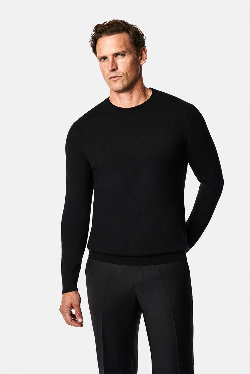Siyah Bisiklet Yaka Regular Fit %100 Yün Triko Kazak