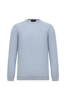 Açık Mavi Melanj Bisiklet Yaka Regular Fit Yün Triko Kazak