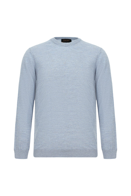 Açık Mavi Melanj Bisiklet Yaka Regular Fit Yün Triko Kazak