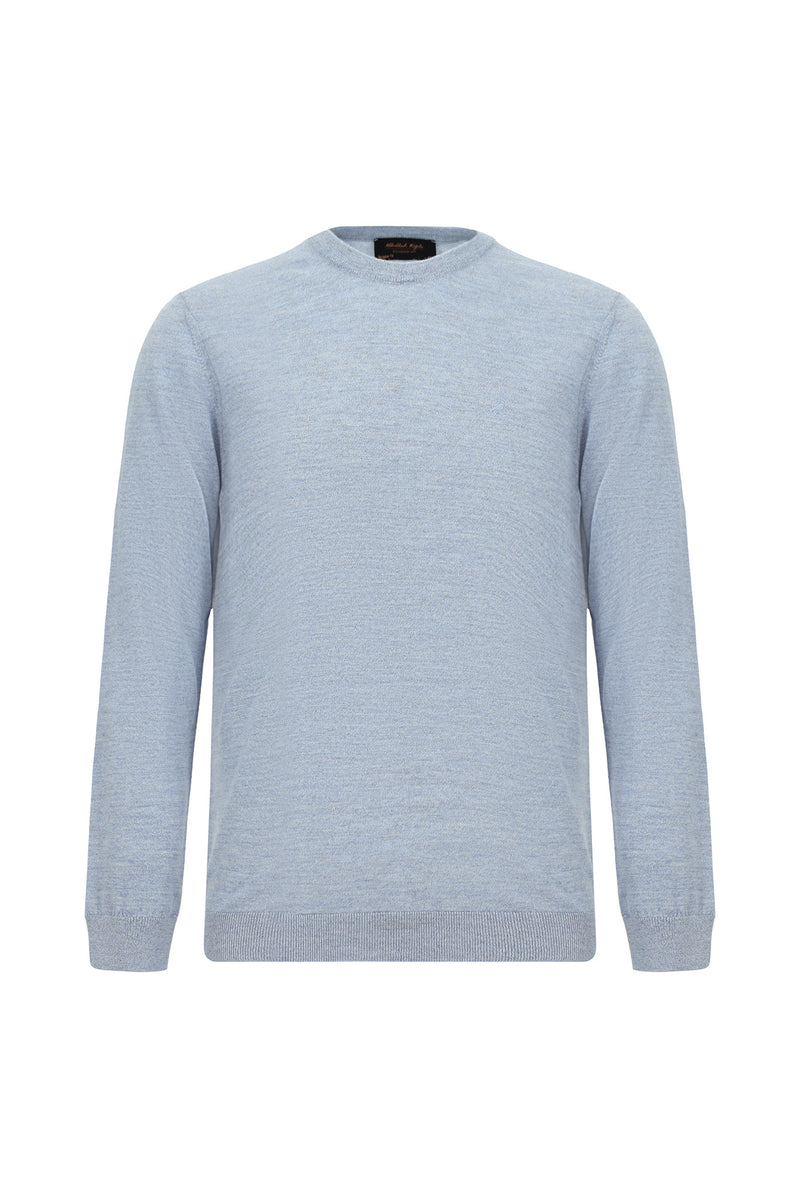 Açık Mavi Melanj Bisiklet Yaka Regular Fit Yün Triko Kazak