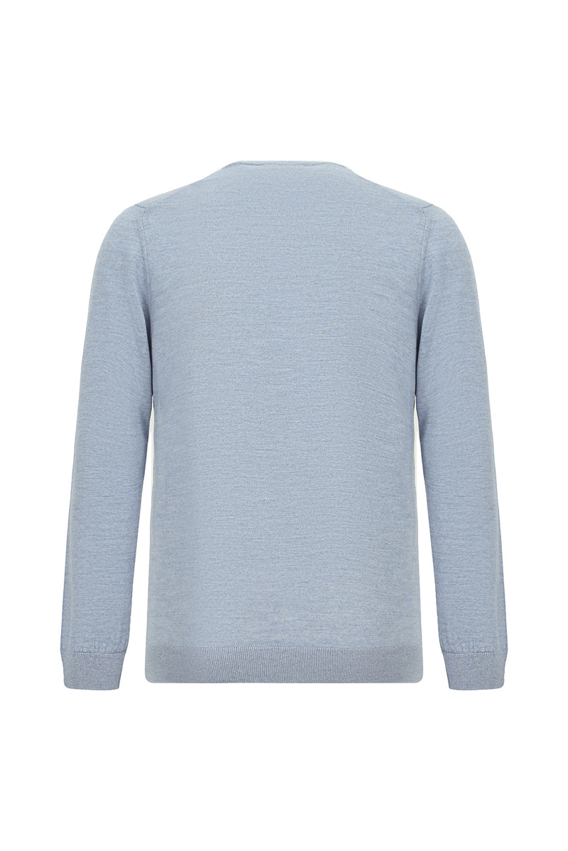 Açık Mavi Melanj Bisiklet Yaka Regular Fit Yün Triko Kazak
