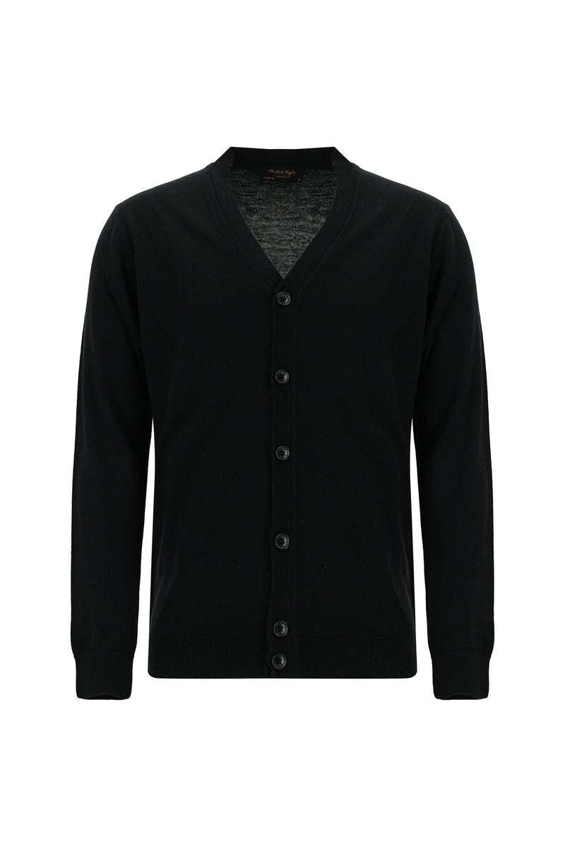 Siyah V Yaka Düğmeli Nakışlı Yün Triko Hırka