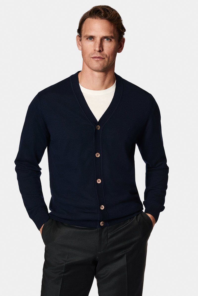 Koyu Lacivert V Yaka Düğmeli Nakışlı Yün Triko Hırka