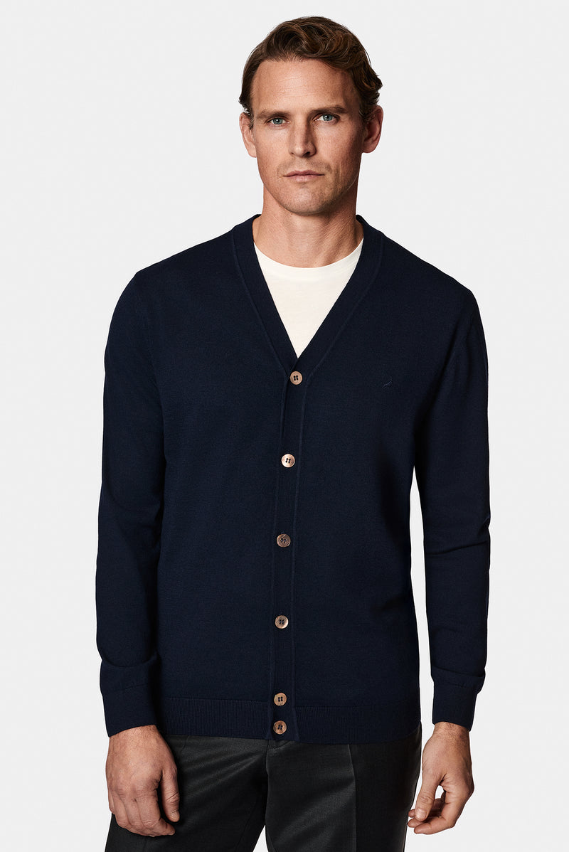 Koyu Lacivert V Yaka Düğmeli Nakışlı Yün Triko Hırka