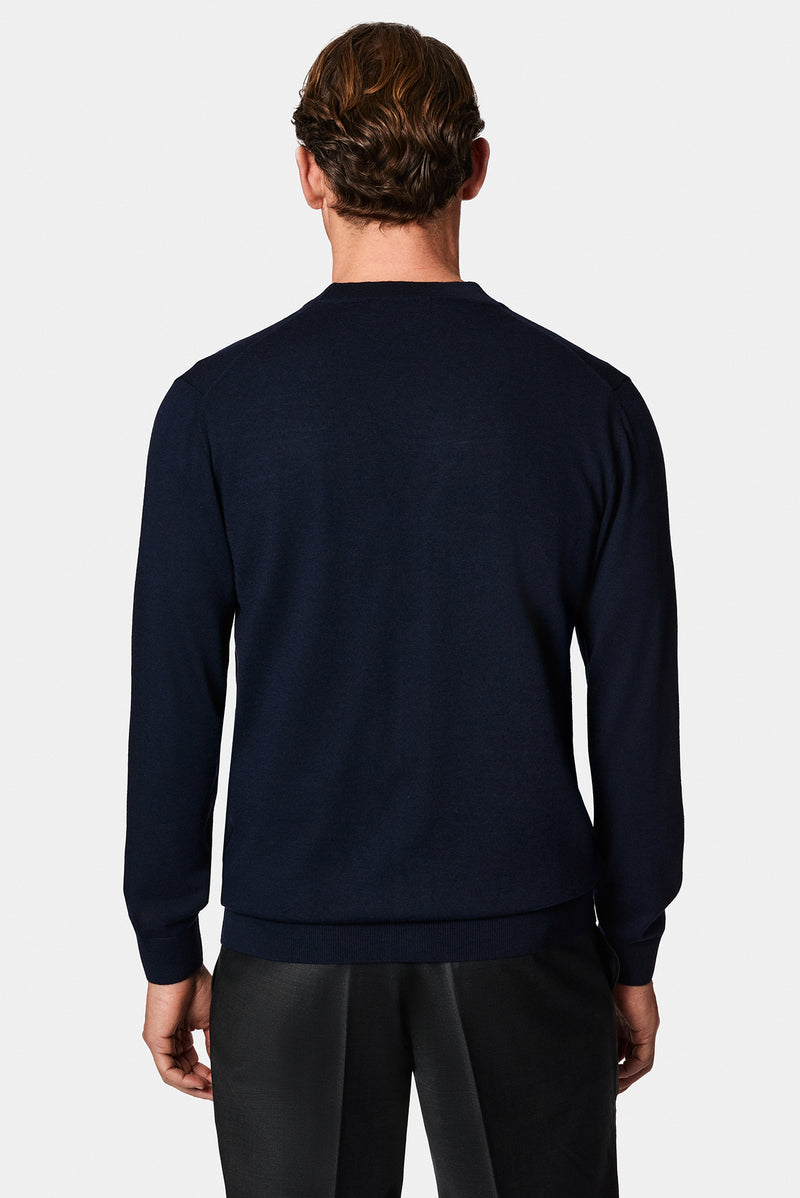 Koyu Lacivert V Yaka Düğmeli Nakışlı Yün Triko Hırka