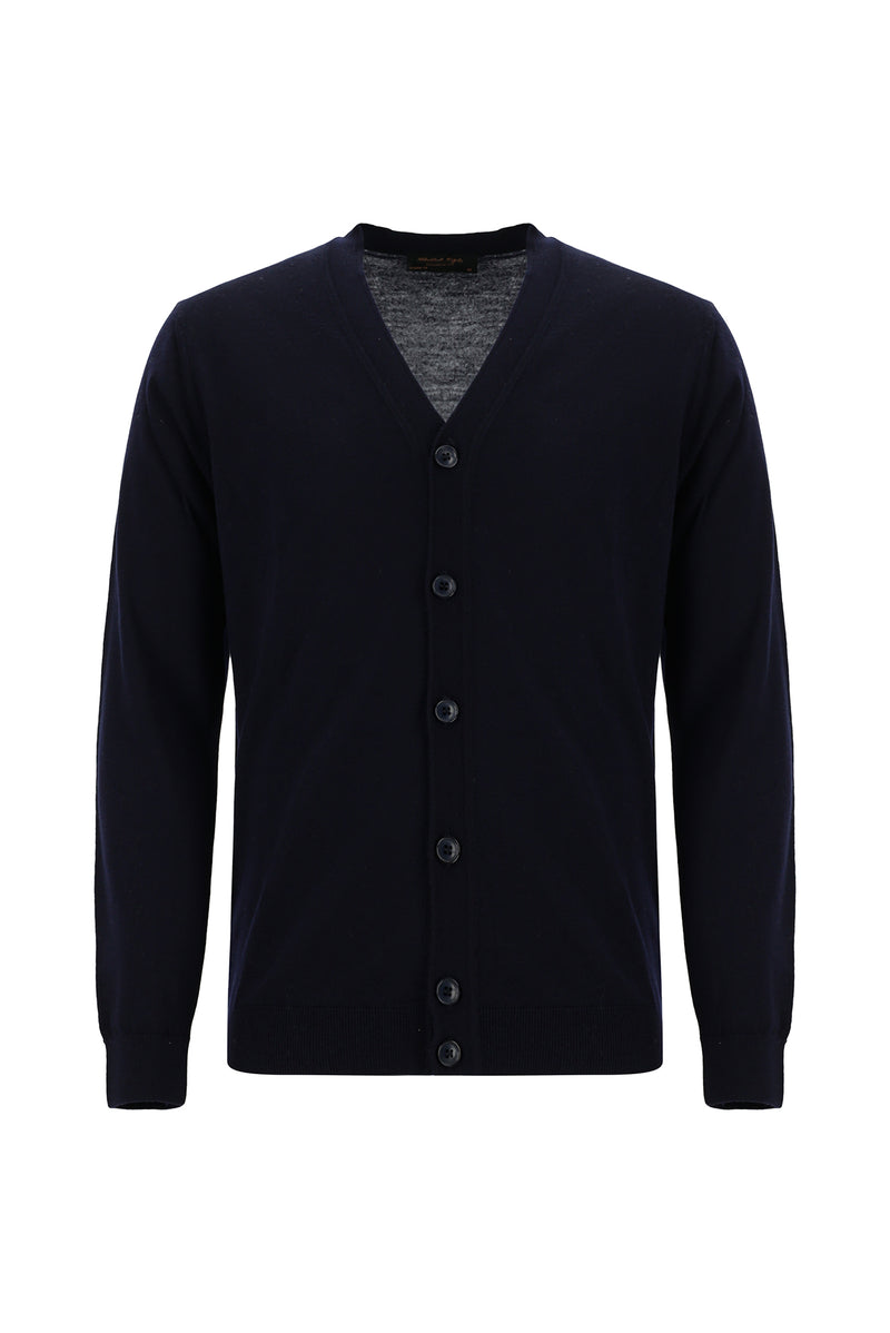 Koyu Lacivert V Yaka Düğmeli Nakışlı Yün Triko Hırka