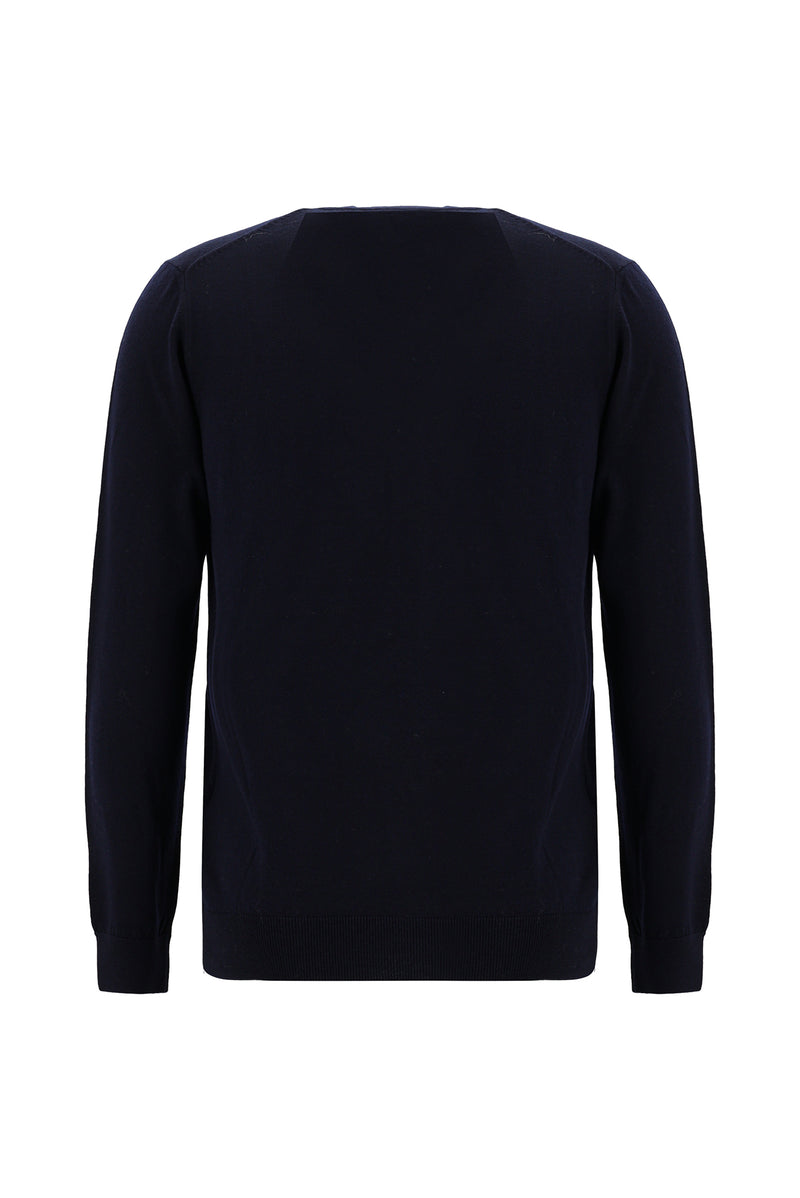 Koyu Lacivert V Yaka Düğmeli Nakışlı Yün Triko Hırka