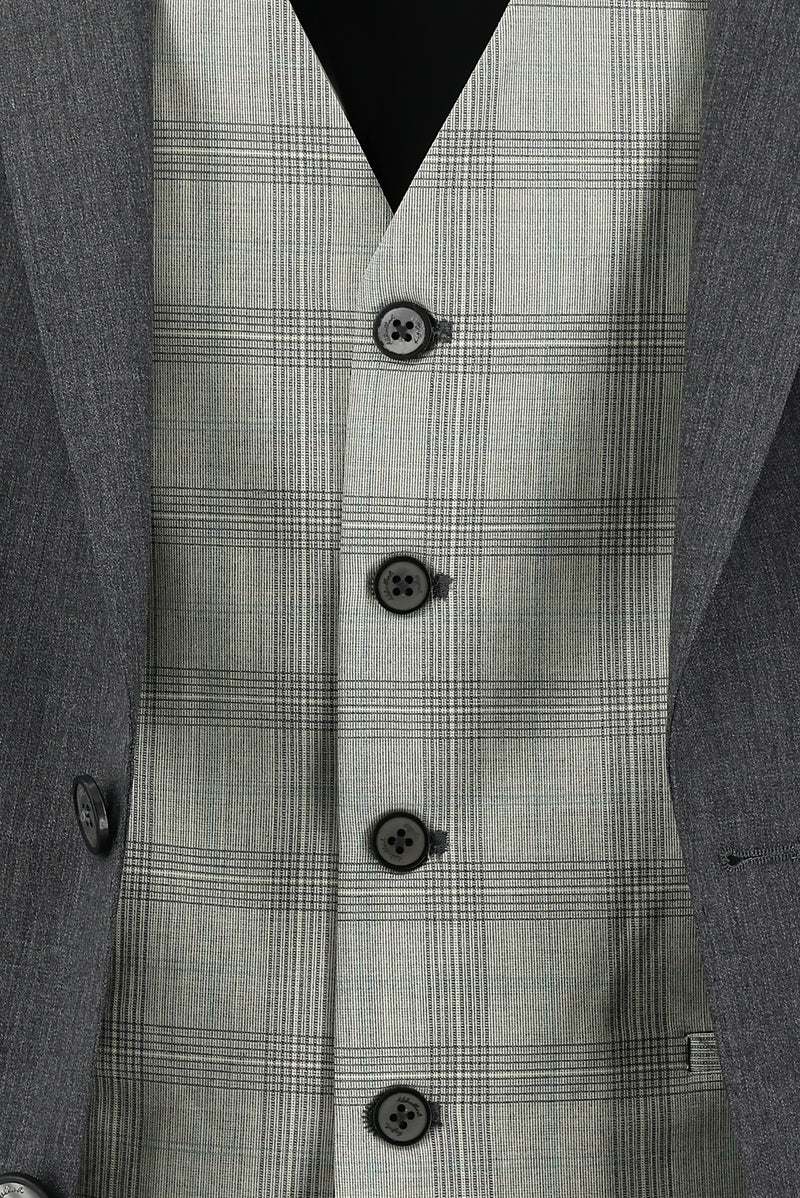 Koyu Antrasit Regular Fit Yünlü Kombinli Yelekli Ekose Takım Elbise