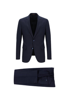 Koyu Lacivert Slim Fit Dar Kesim Yünlü Beli Lastikli İpli Takım Elbise
