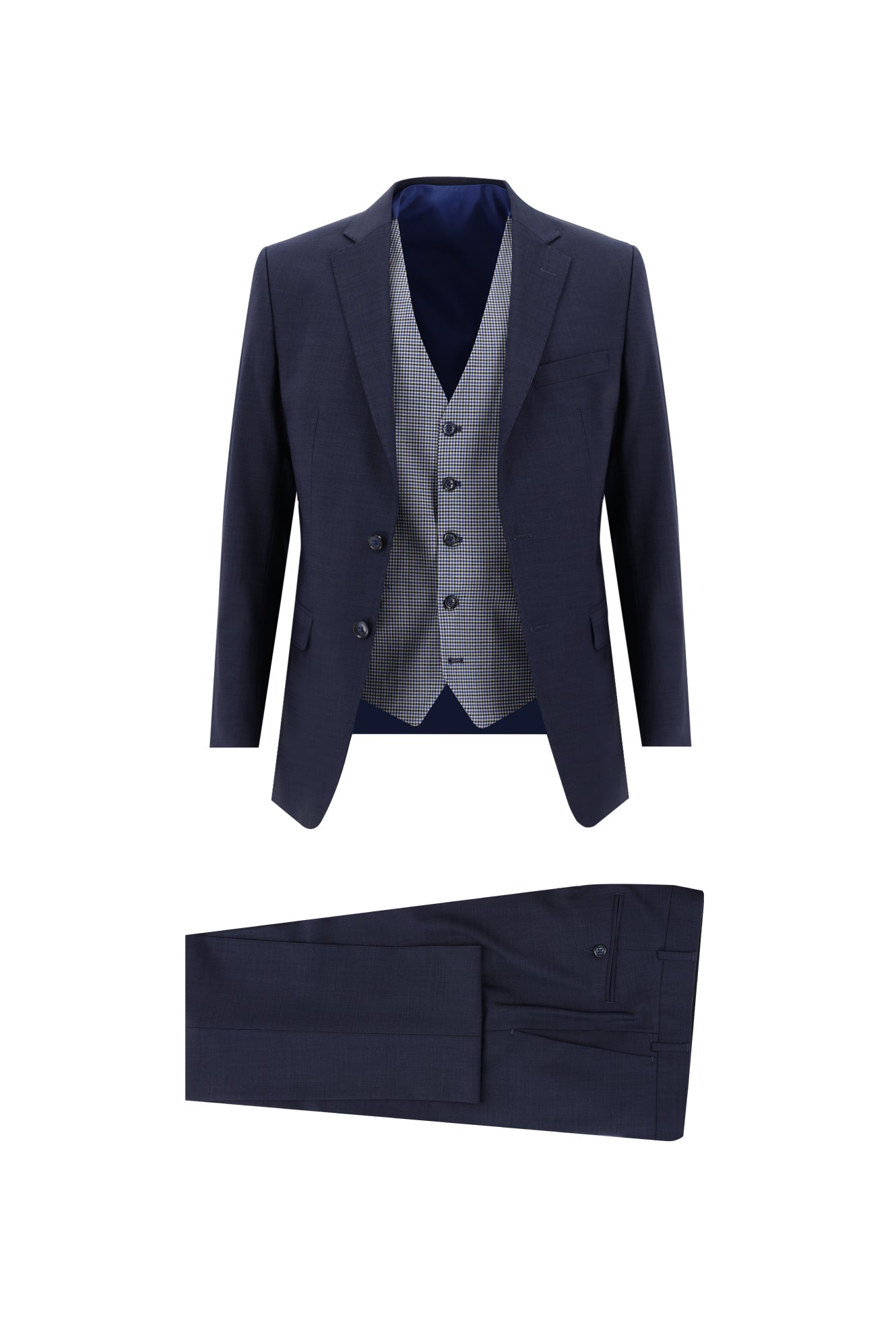 Koyu Lacivert Regular Fit Yünlü Kombinli Yelekli Ekose Takım Elbise