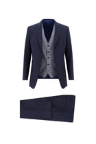 Koyu Lacivert Regular Fit Yünlü Kombinli Yelekli Ekose Takım Elbise
