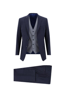 Koyu Lacivert Regular Fit Yünlü Kombinli Yelekli Ekose Takım Elbise