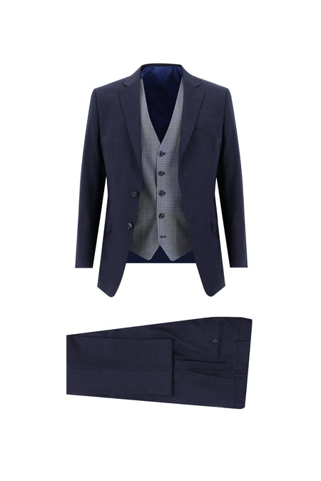 Koyu Lacivert Regular Fit Yünlü Kombinli Yelekli Ekose Takım Elbise