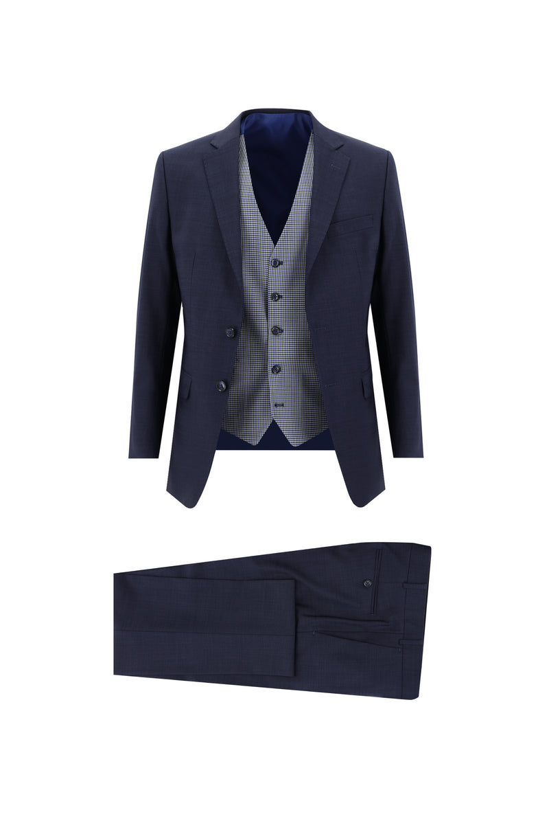 Koyu Lacivert Regular Fit Yünlü Kombinli Yelekli Ekose Takım Elbise