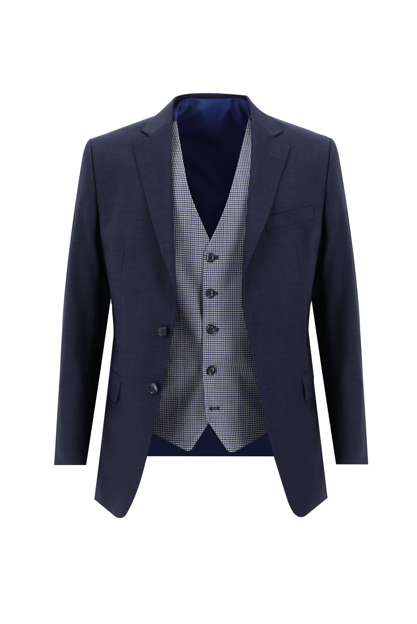 Koyu Lacivert Regular Fit Yünlü Kombinli Yelekli Ekose Takım Elbise