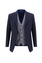 Koyu Lacivert Regular Fit Yünlü Kombinli Yelekli Ekose Takım Elbise