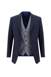 Koyu Lacivert Regular Fit Yünlü Kombinli Yelekli Ekose Takım Elbise