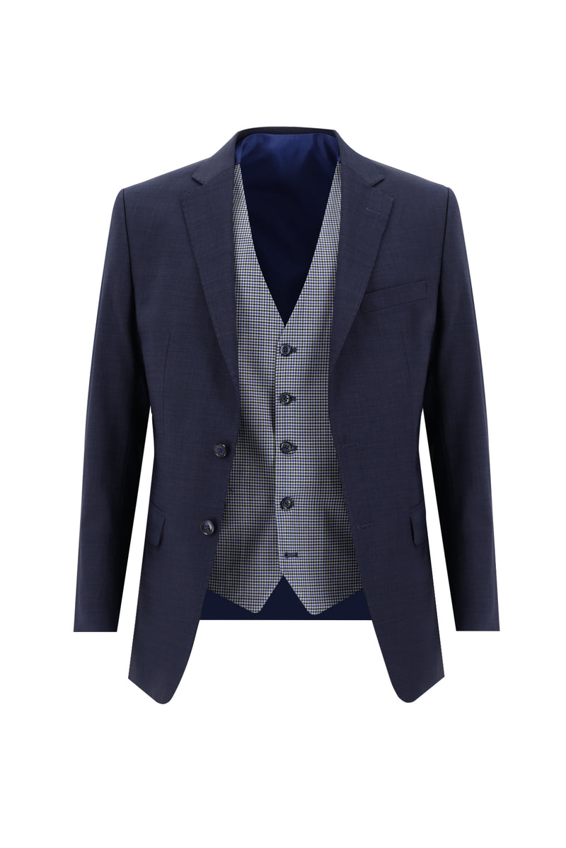 Koyu Lacivert Regular Fit Yünlü Kombinli Yelekli Ekose Takım Elbise