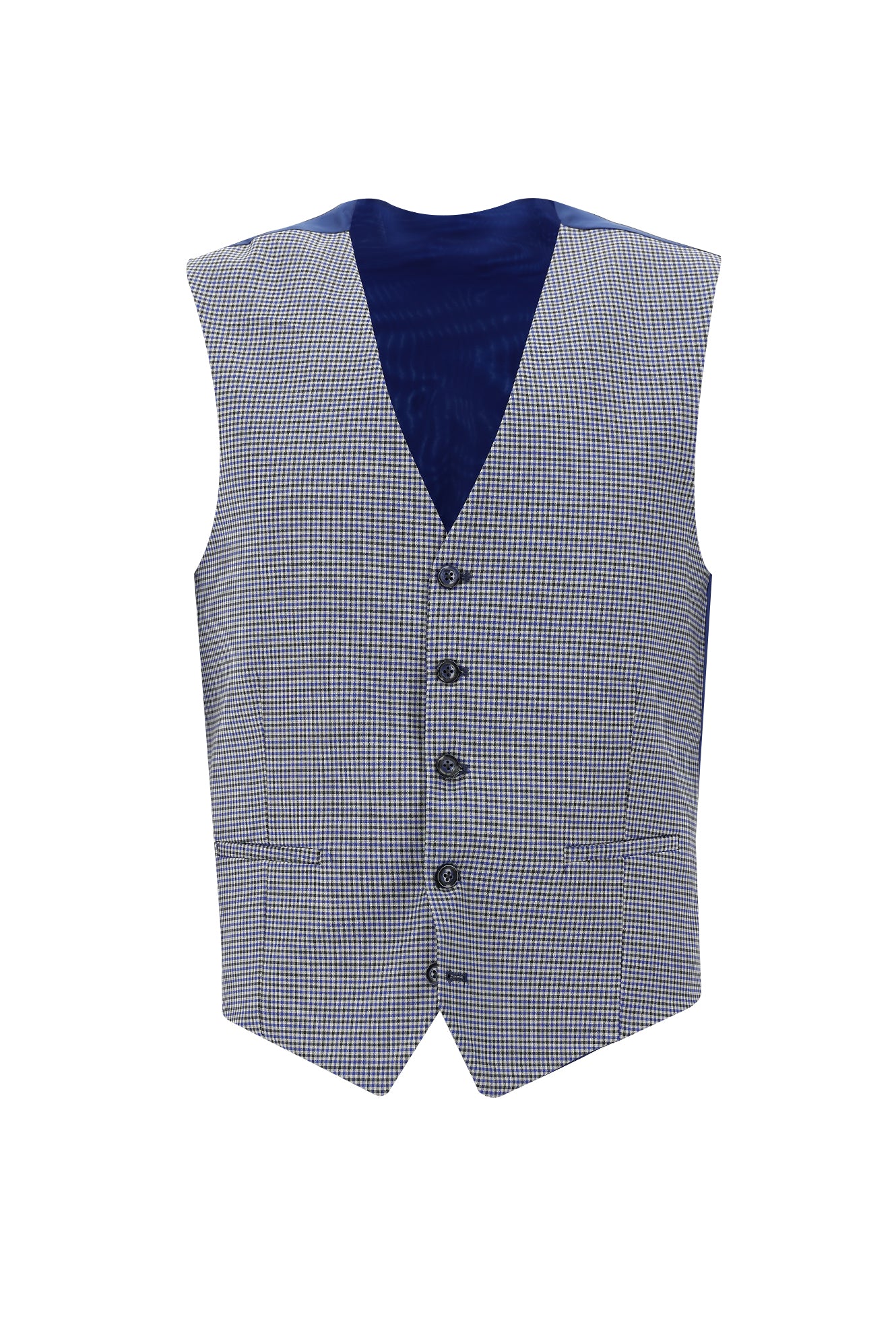 Koyu Lacivert Regular Fit Yünlü Kombinli Yelekli Ekose Takım Elbise